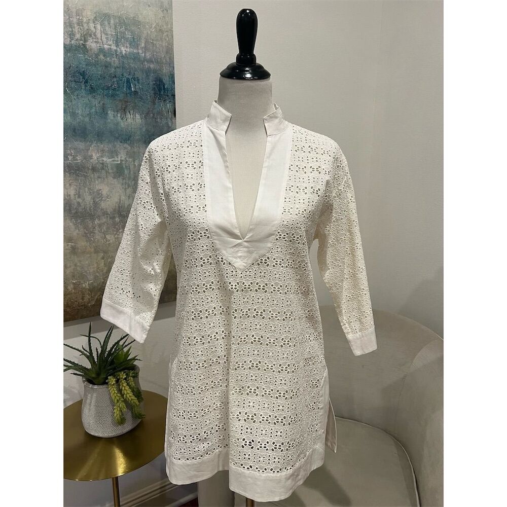 Tory Burch Women's XS White Eyelet Tunic Top V-Neck 3/4 Sleeve Casual